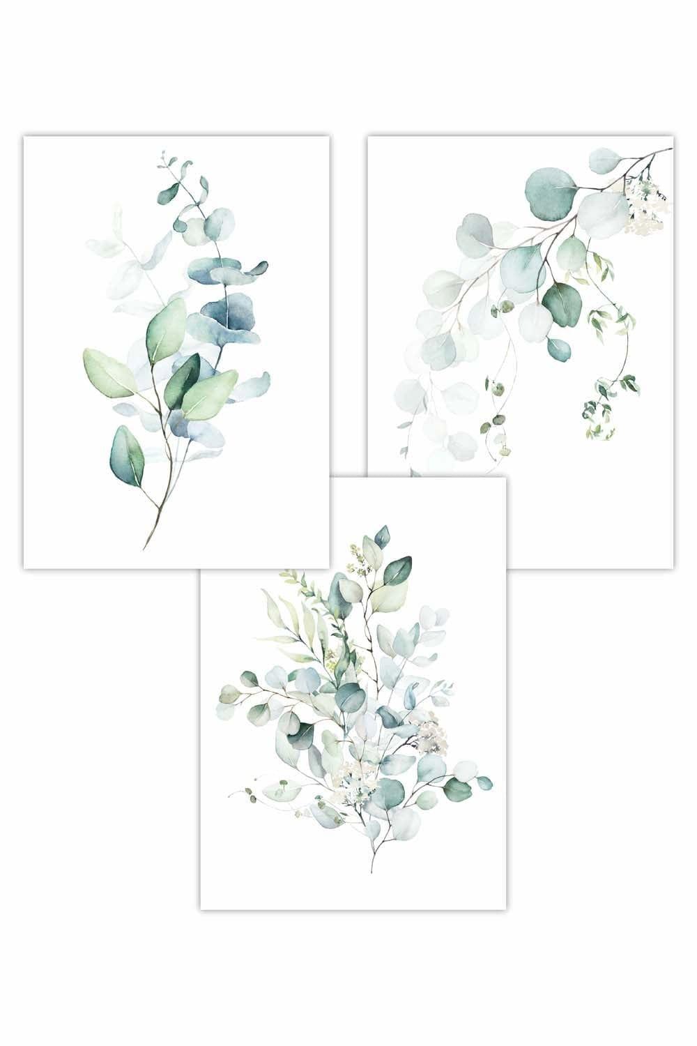 Set of 3 Green Blue Watercolour Eucalyptus Set 3 Art Posters